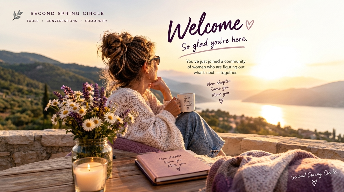 Midlife Unpacked on Substack, a woman looking out over a sunrise, representing this chapter as a new season, not an ending